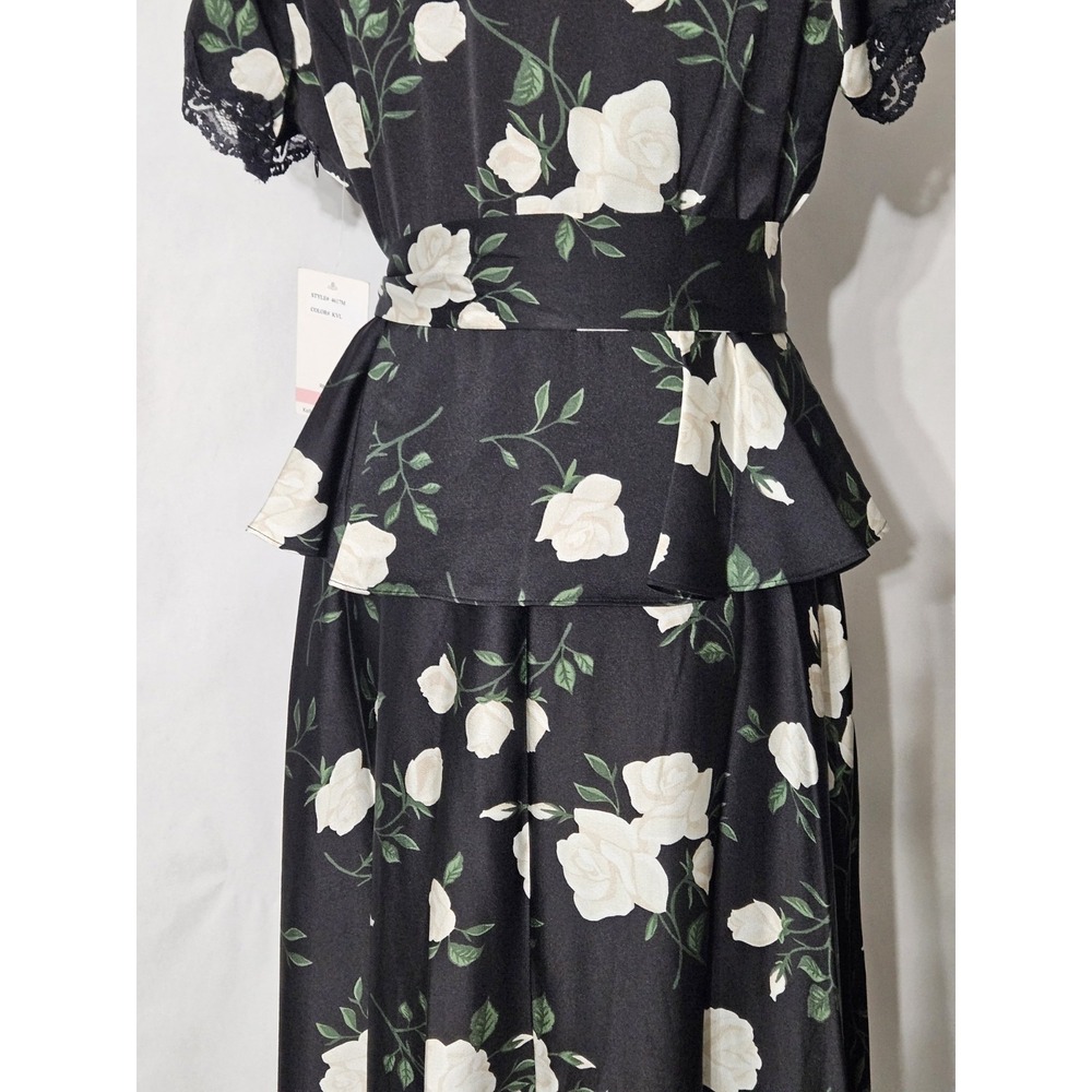 Taylor Women's Black Floral Short Sleeve V-neck Tie Waist Peplum Maxi Dress - Picture 11 of 16